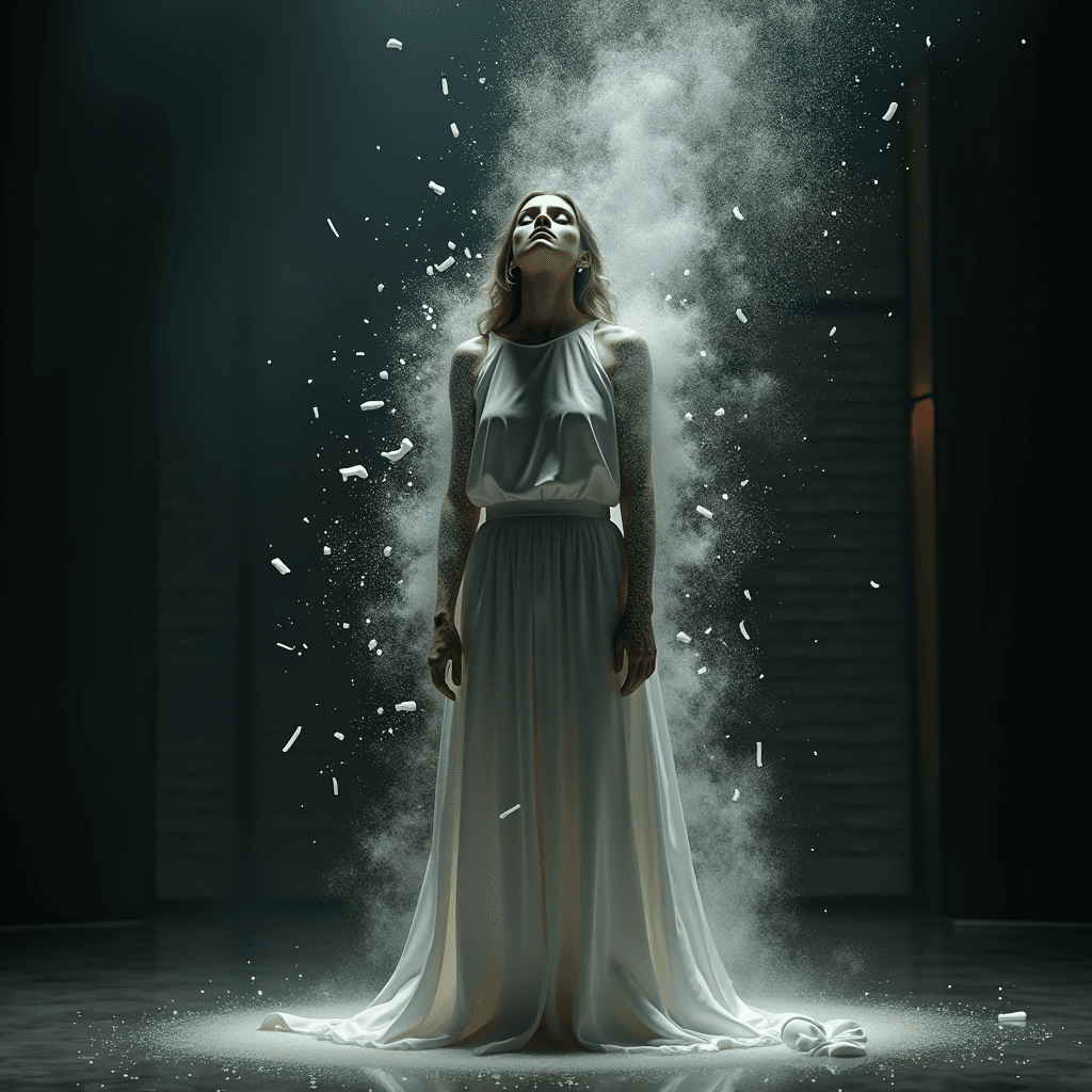 AI generated: An epic and realistic scene of a woman dissolving into pieces, captured in a breathtaking moment of ...
