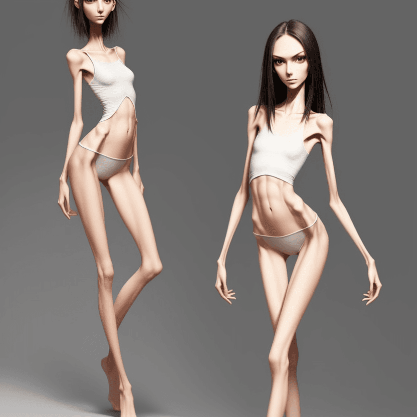 AI generated: extreme beautiful skinny slender (almost anorexic)  girl with skinny slender thighs narrow, 