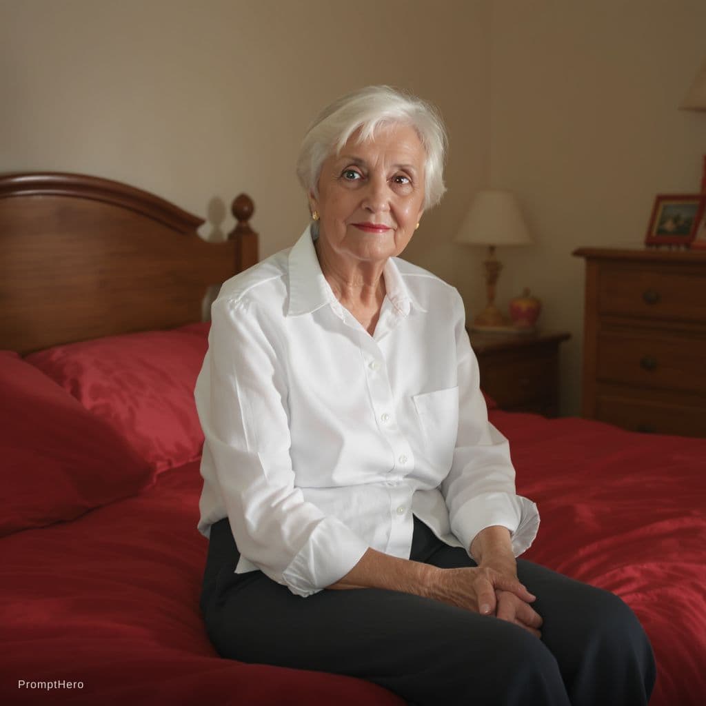 AI generated: Eine alte oma sitzt mitten auf einem roten bett. ihre beine weit offen und knie angewinkelt. man hat...