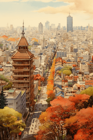 AI generated: Bird view of a cityscape in Tokyo, vintage style, in Shinjuku District, watercolor paint, intricate ...
