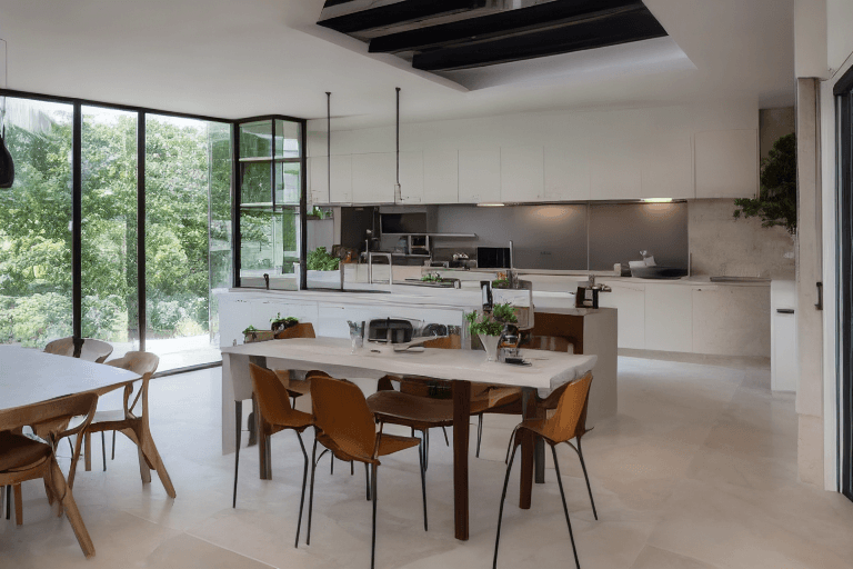 AI generated:  interior design, open plan kitchen and living, limestone floor, U-shaped kitchen to the right, kitc...
