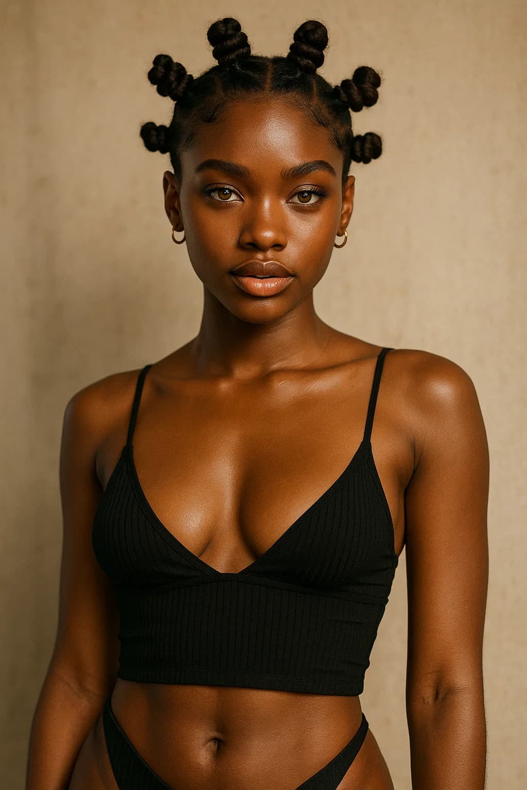 AI generated: Create an 18 year old African girl with Bantu knots in her hair and give her slightly hazel eyes. he...
