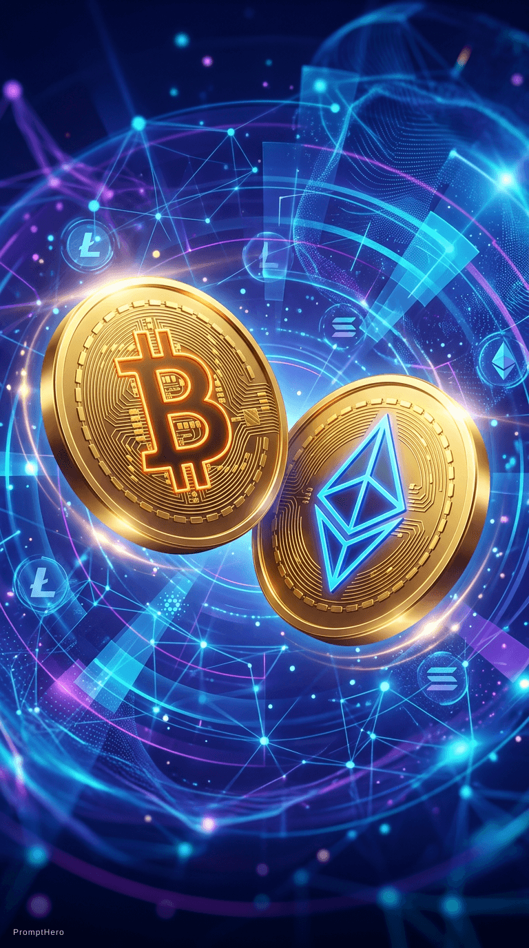 AI generated: Futuristic digital wallpaper, golden Bitcoin and Ethereum coins