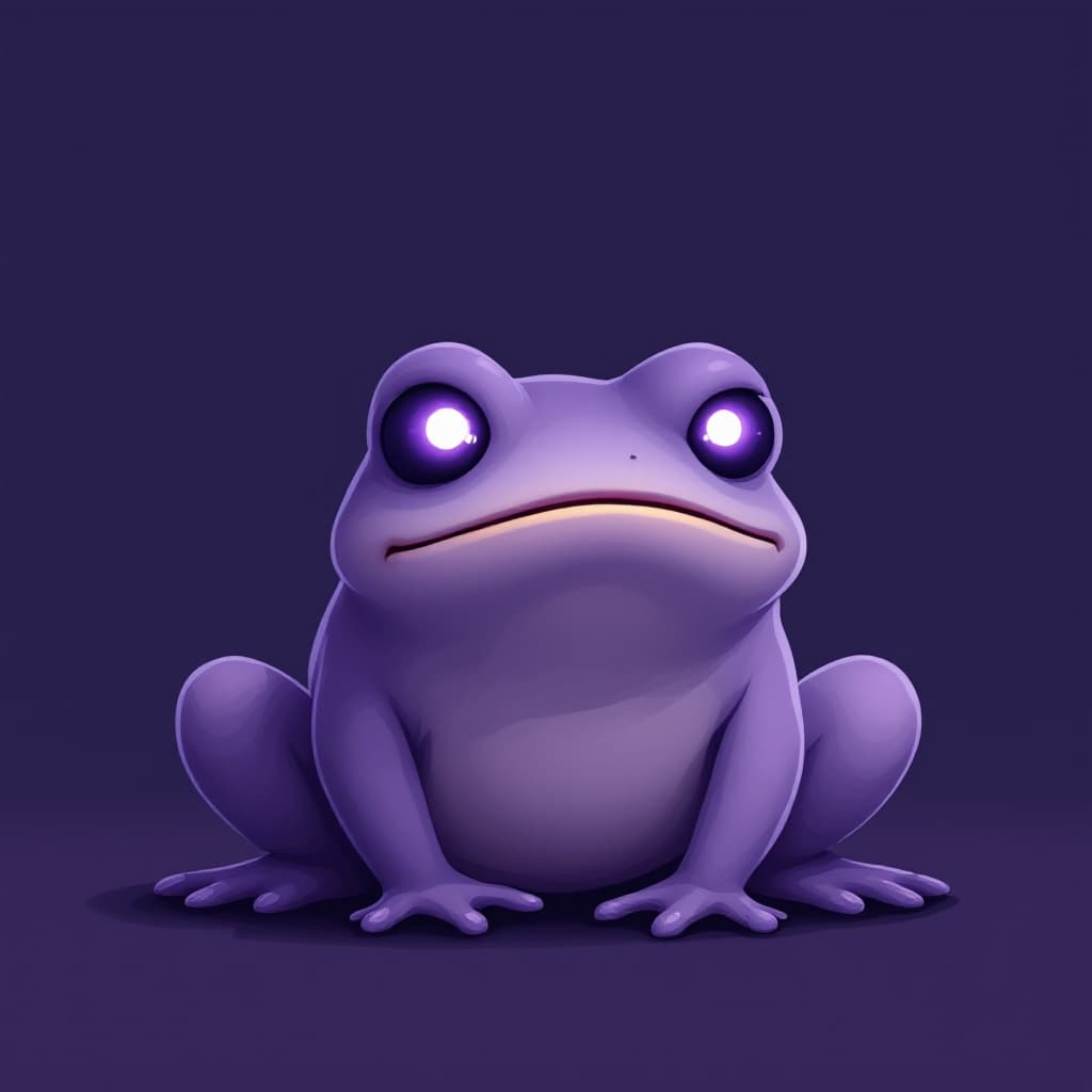 AI generated: A purple-themed Pepe-style frog character with a bored yet smug expression, glowing eyes, and a mini...