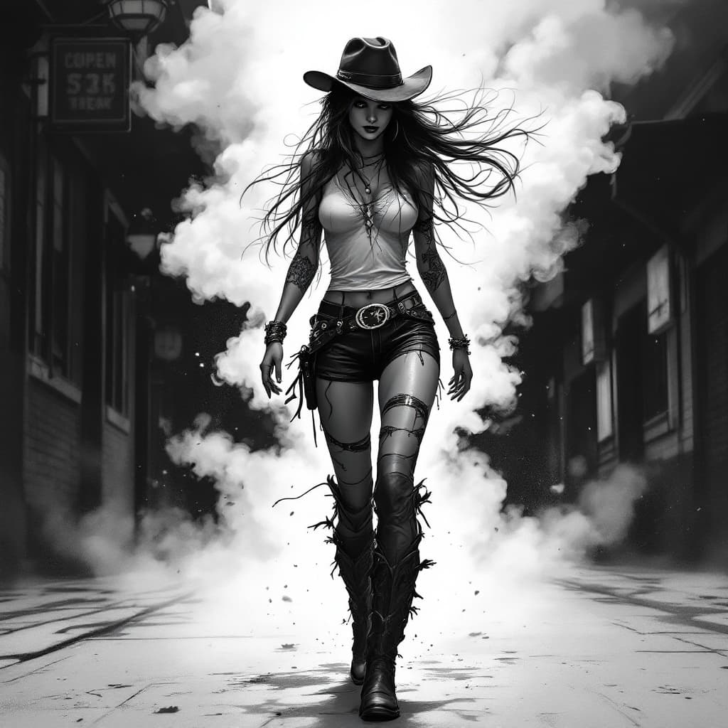 AI generated: A digital drawing of an urban cowgirl, full body, walking on the street, wearing cowboy boots and ha...