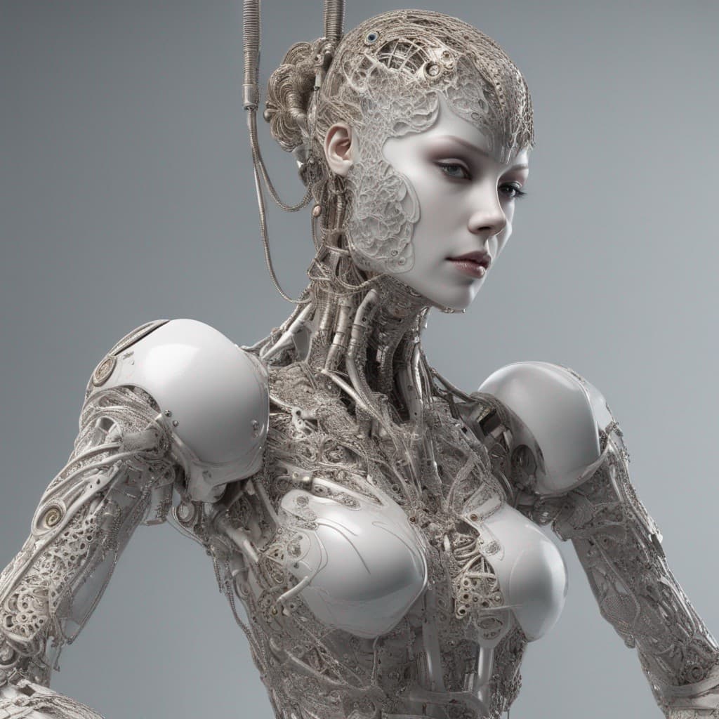 AI generated: exquisitely detailed 3D render of a porcelain-profiled woman android. This cyborg masterpiece stands...