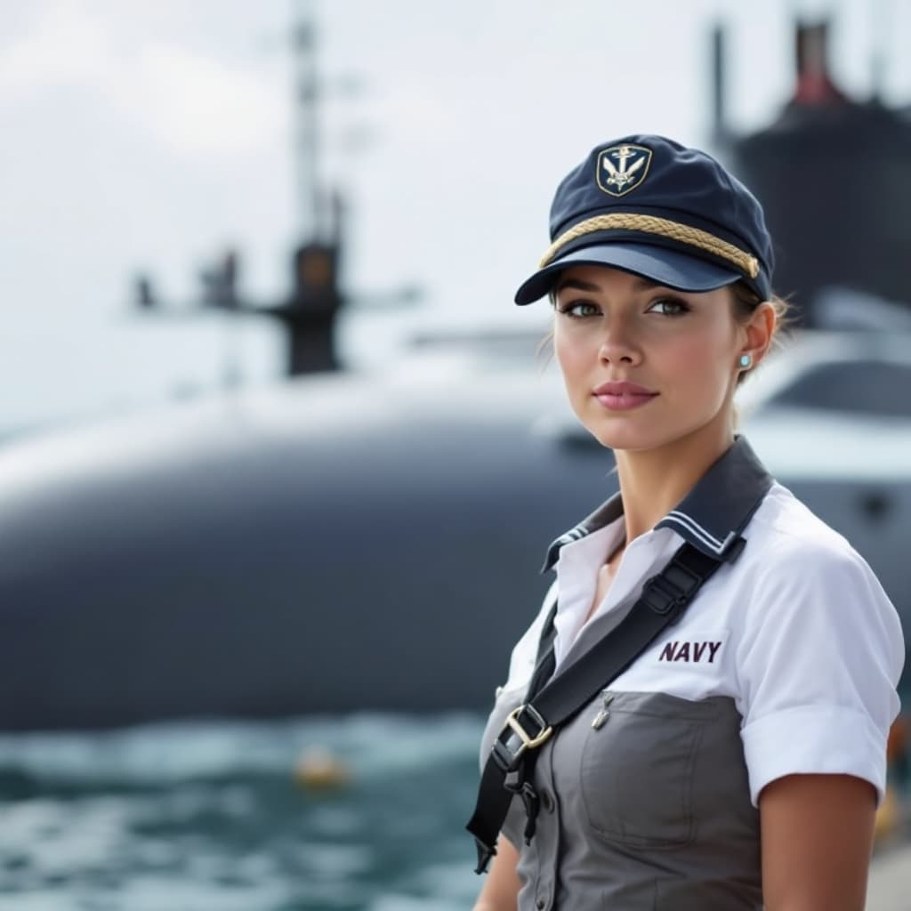 AI generated: A female Navy soldier standing behind a submarine, wearing an authentic Navy uniform with a cap or h...