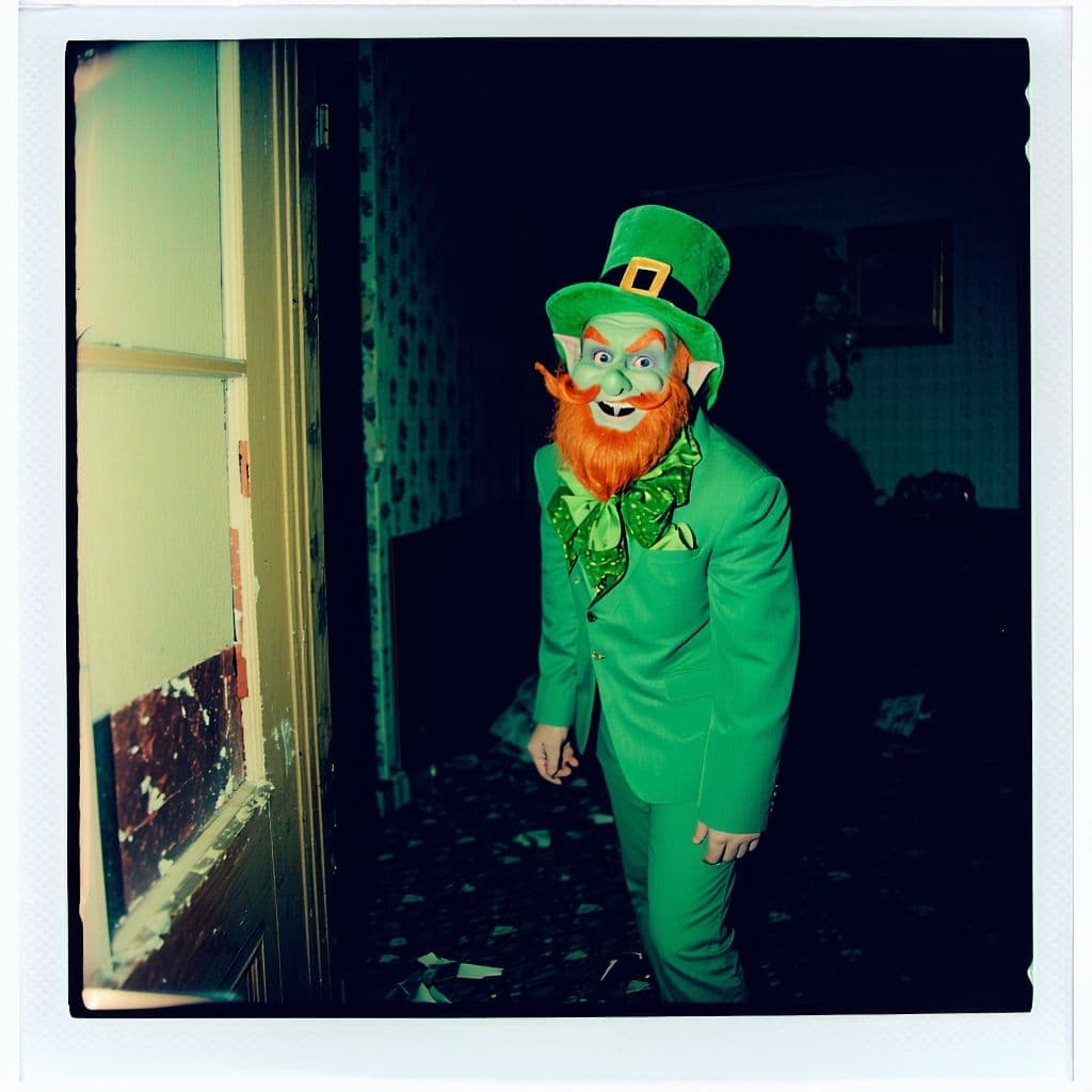 AI generated: grainy 80's photograph quality polaroid of a leprechaun caught in an abandoned house, dark, uncanny,...