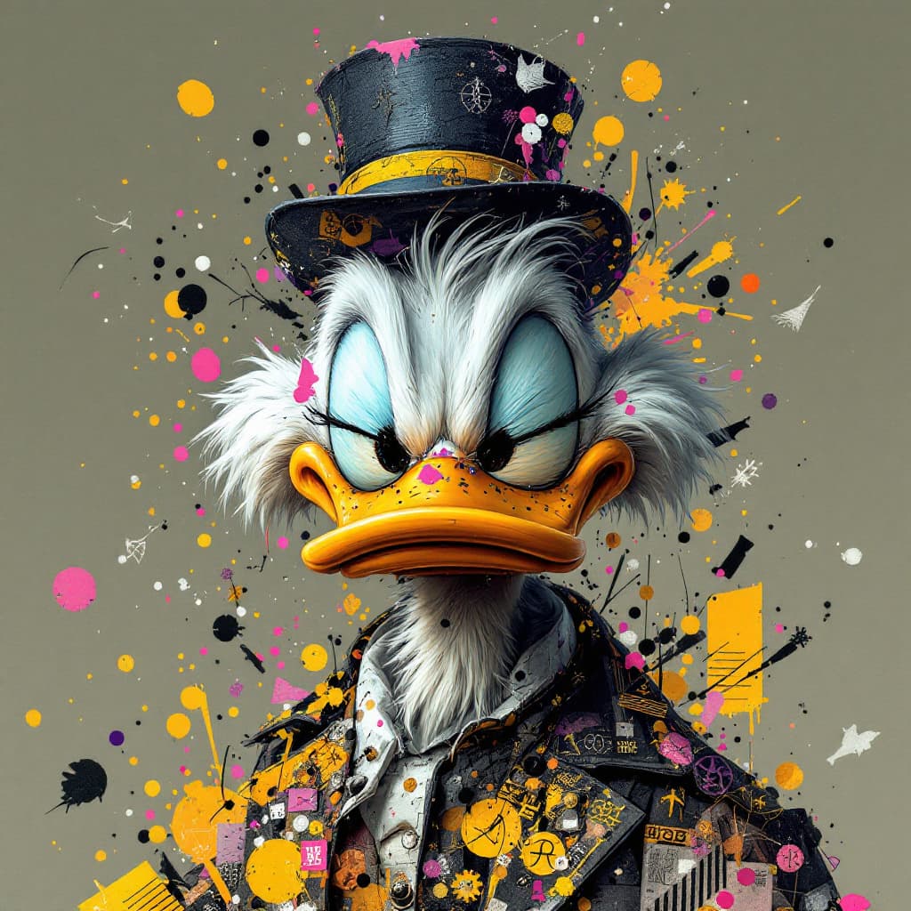 AI generated: Scrooge McDuck figure adorned in vibrant patterns and symbols that evoke emotion., focus on face, is...