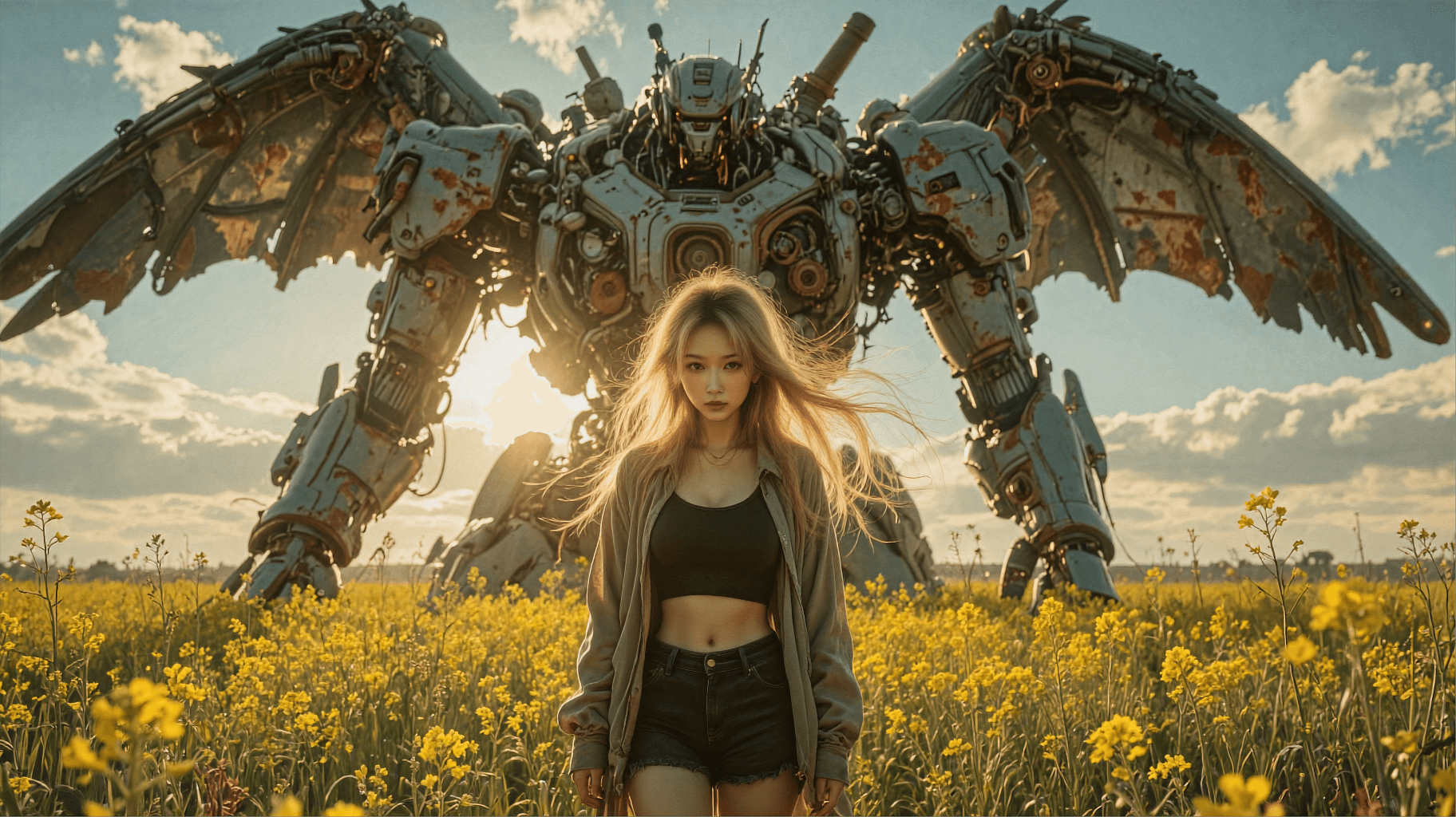AI generated: A highly detailed, photorealistic, cinematic wide shot of a young Chinese woman standing in a field ...