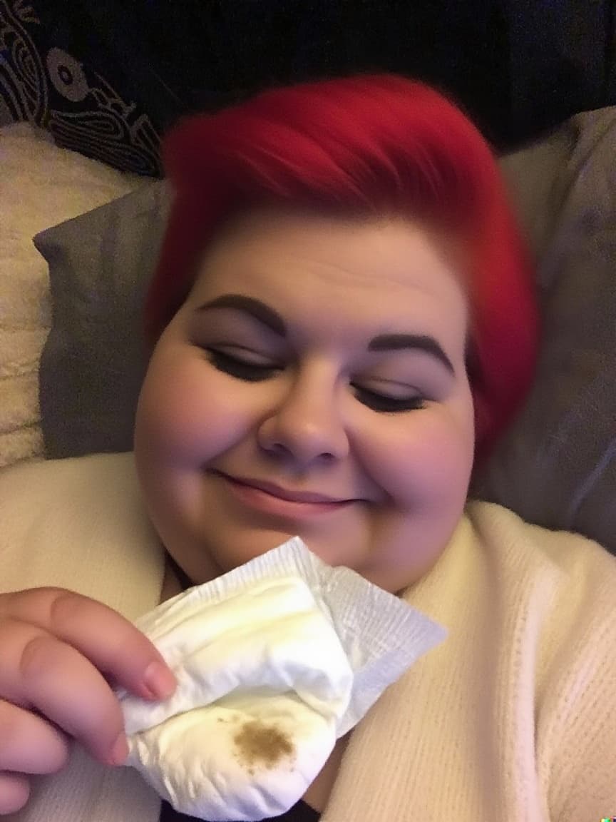 AI generated: Chubby redhead pulling disposable diaper with showing her dirty pussy