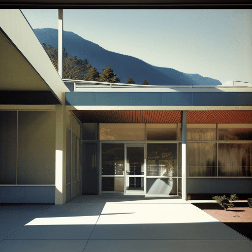 AI generated: Hyper realistic eye level exterior photo of a mid century modern style campus overlooking the mounta...