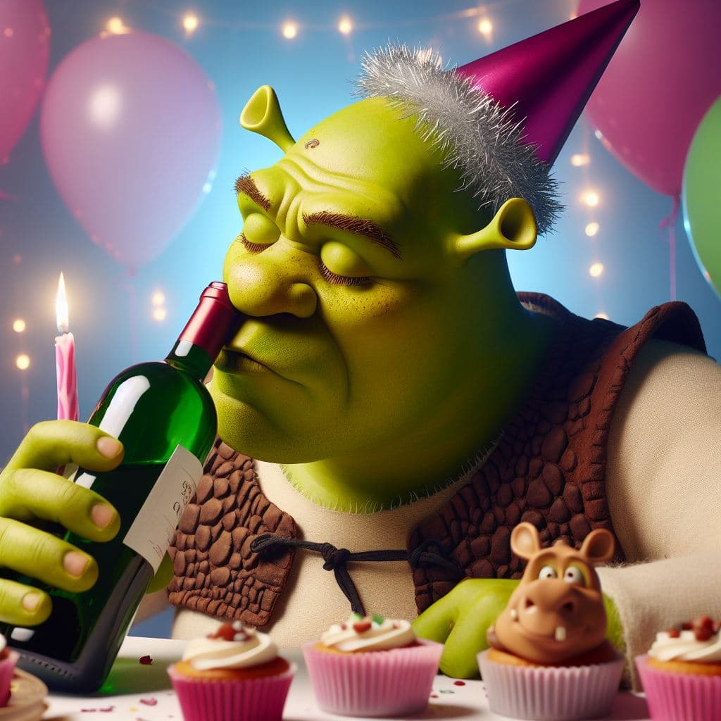 AI generated: Shrek partying kissing bottle of wine with affection