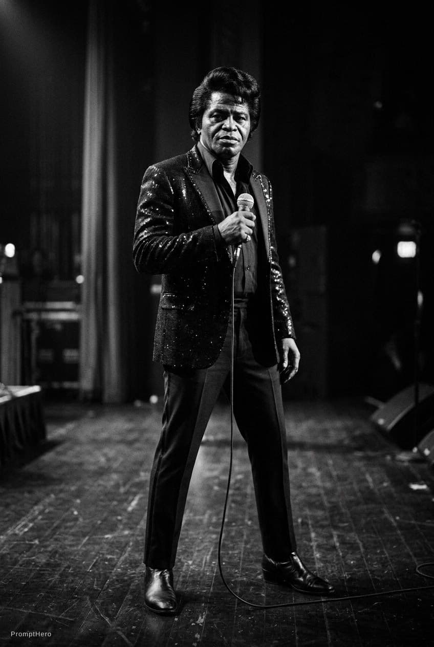 AI generated: Ultra-realistic black and white cinematic fullbody portrait of James brown standing, side lighting, ...