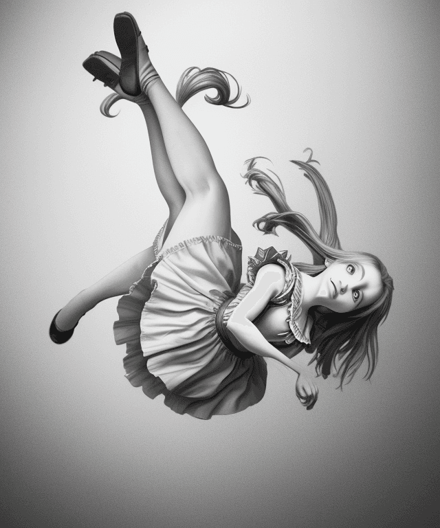 AI generated: realistic drawing 
alice from alice in wonderland free falling from the sky 
her body is horizontal
...