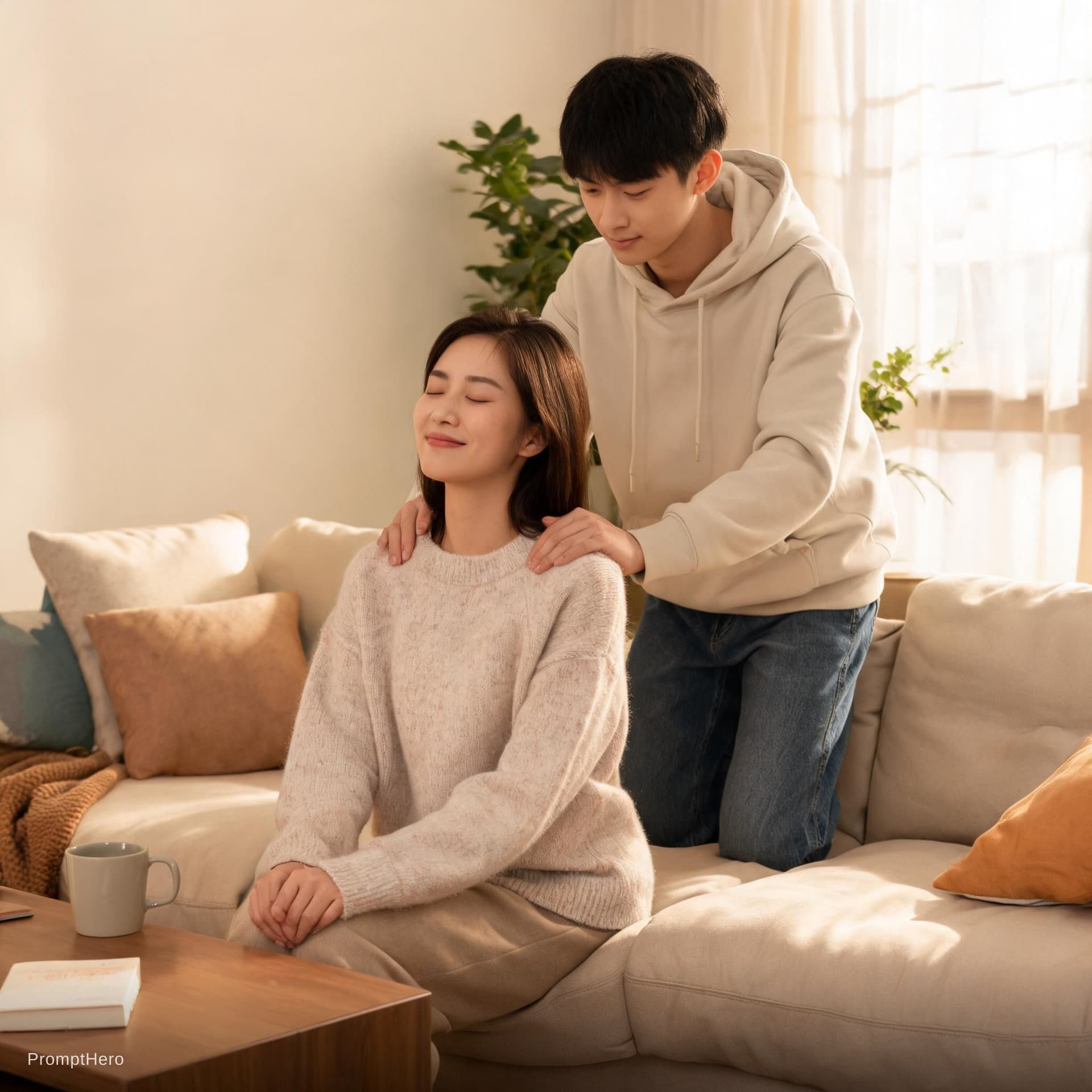 AI generated: 18y old son massaging 30y old mom on bed 