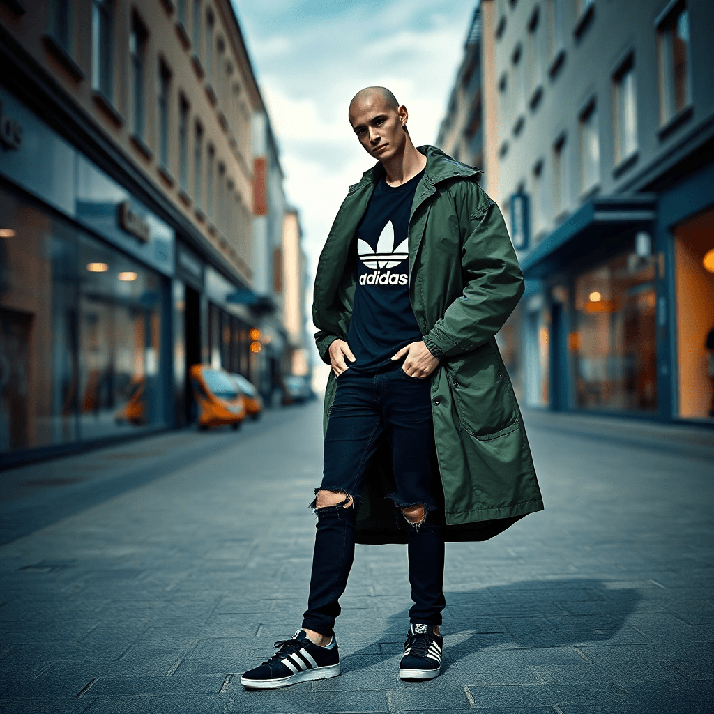 AI generated: A bald male model with a slim build, wearing a mesh Adidas black shirt, ripped black jeans, Adidas s...