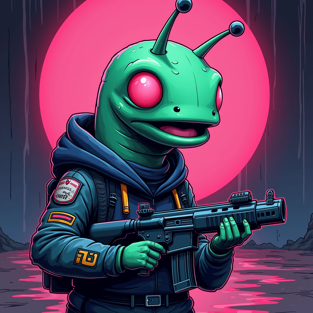 AI generated: a futuristic cartoon slug holding a futuristic shotgun, neo-noir backdrop, vivid graffiti style colo...