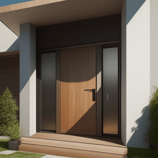 AI generated: front door of a modern house, with wooden furniture, realistic photography, 8k render --ar 5:4