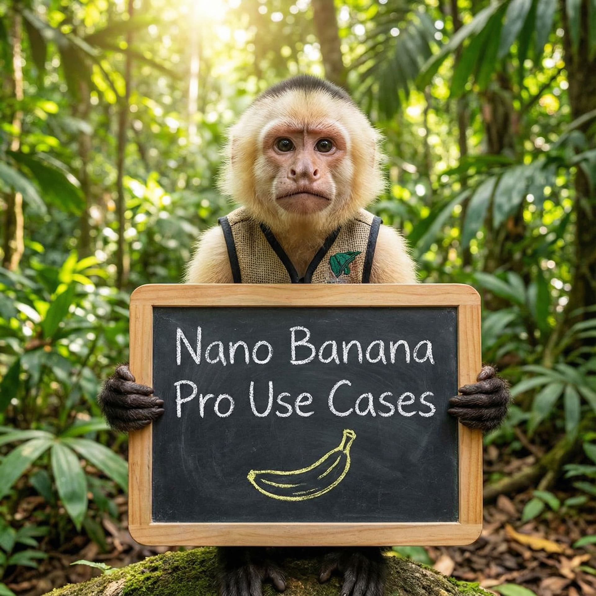 AI generated: a monkey presenting a chalkboard that says “Nano Banana Pro Use Cases,” with a banana drawn on it.
