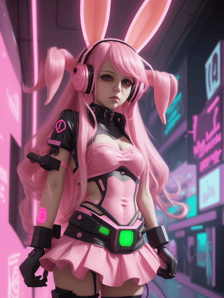 AI generated: The pink bunny girl in the cyber world is a cyberpunk (full body photo), with beautiful long hair, w...