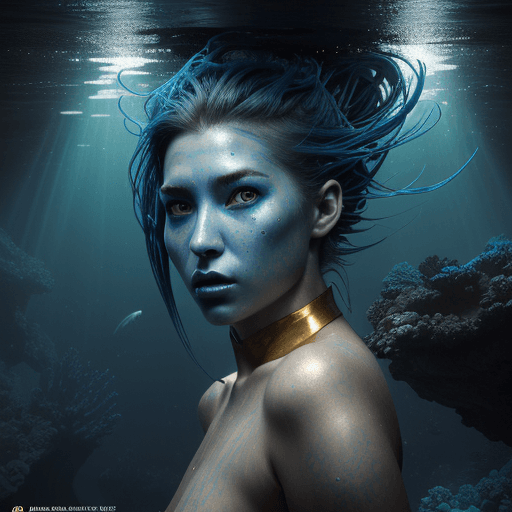 AI generated: anthropomorphic fem incredible creature from the Mariana Trench, ultramarine hair and gold eyes, ult...