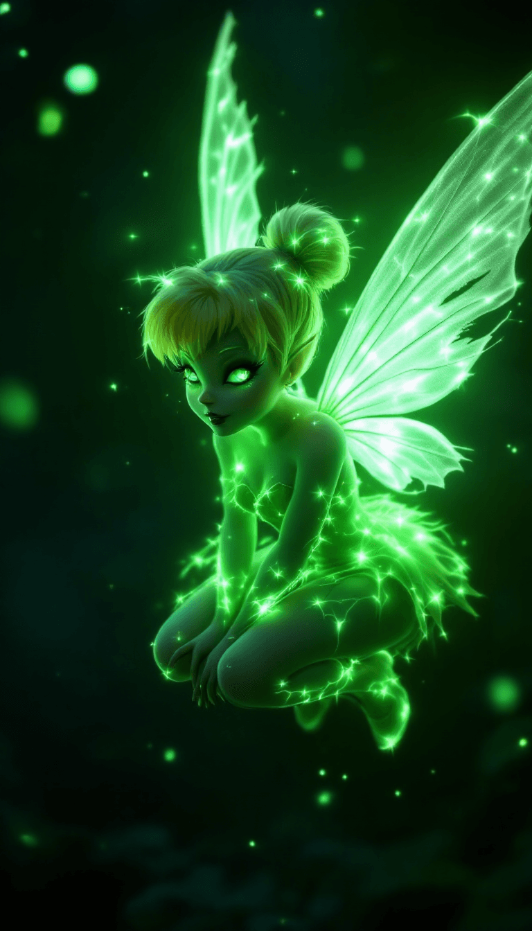 AI generated: Tinker Bell’s transformation into a malevolent faerie turns her radiant glow into a dim, sickly gree...