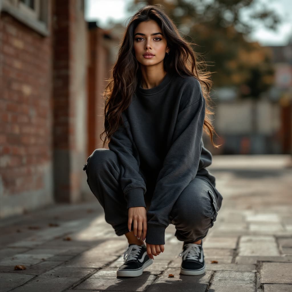 AI generated: photography, dynamic shooting, distance range, front shot, professional woman model, karishma sangha...