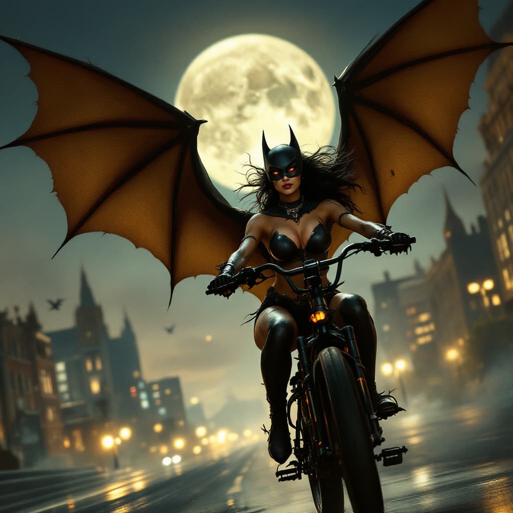 AI generated: Beautifull Indian Batgirl, bat bike ride in city, full Night, sky full moon, huge xl breast, bat win...