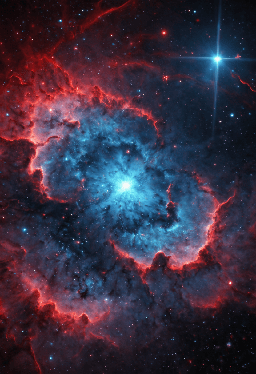 AI generated: A high detail cosmic nebula with vibrant reds and blues, dynamic colors and shifting lights, intrica...