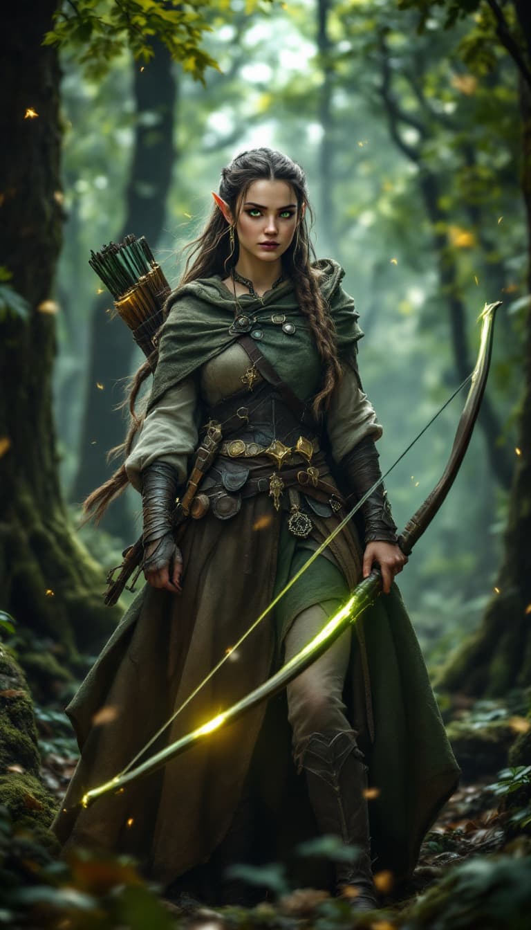 AI generated: Dynamic angle, full body view, realistic, female elven ranger, long, braided hair, lightweight leath...