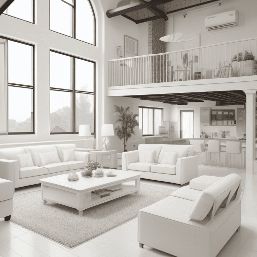 AI generated: front view, living room + loft, white + cream color tone, classic, 4k, --ar 9:16