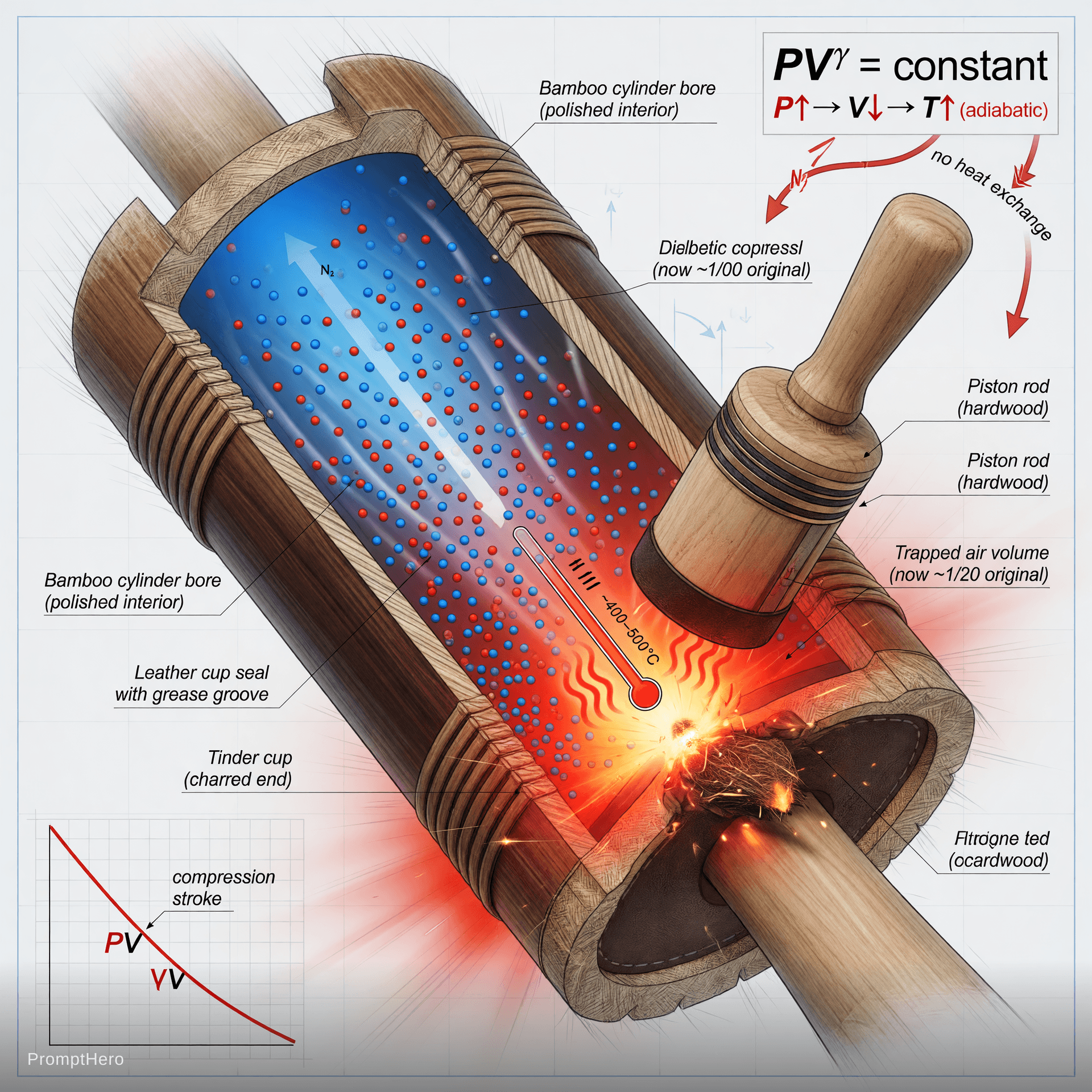 AI generated: Spectacular technical cross-section close-up of a fire piston during compression, scientific enginee...