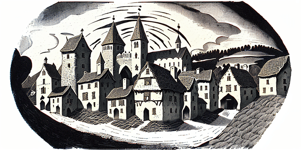 AI generated: A vintage medieval village illustration, hand drawn in an old school style, with deep black ink on w...