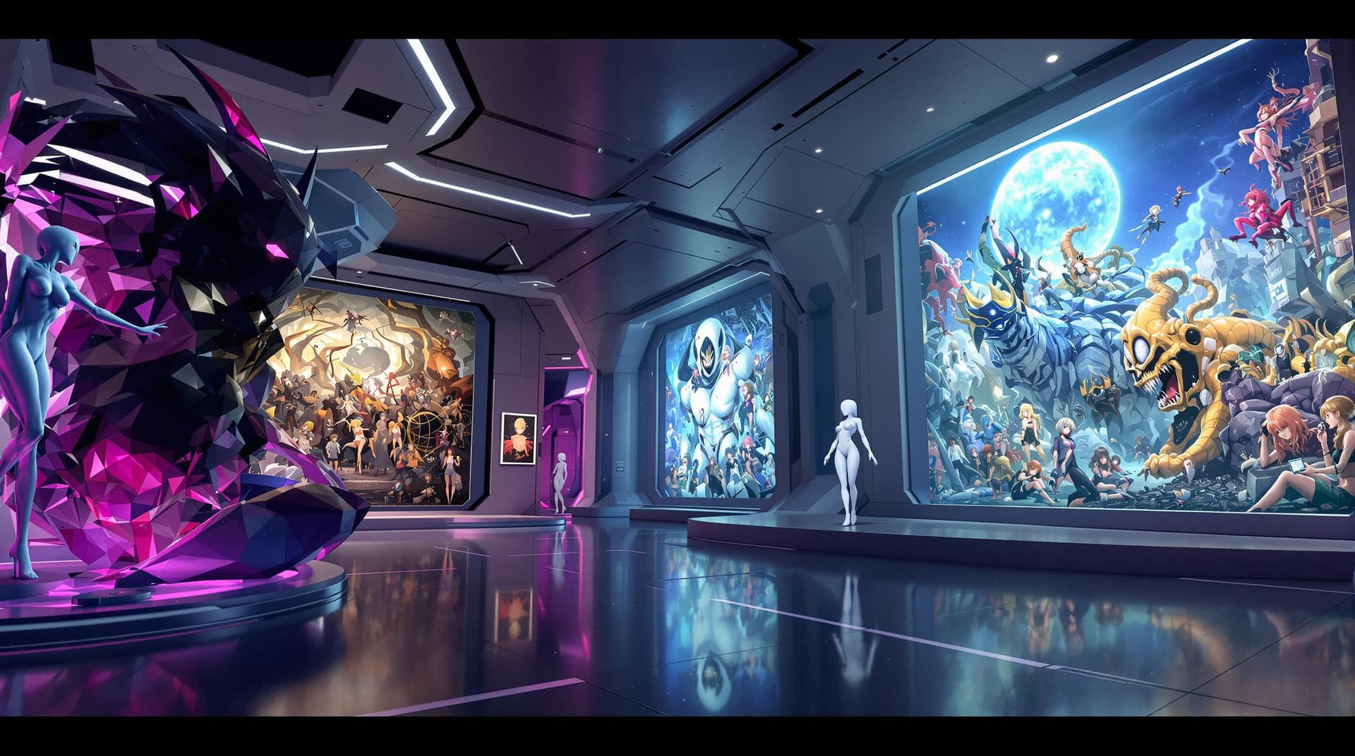 AI generated: A close-up view inside a futuristic virtual museum, showcasing anime-style art that is strange, weir...