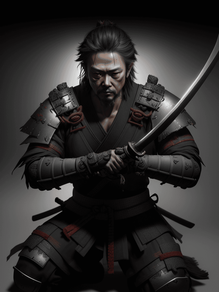 AI generated: 12th-century samurai in the style of Yoji Shinkawa, looking straight ahead, kneeling and holding a s...