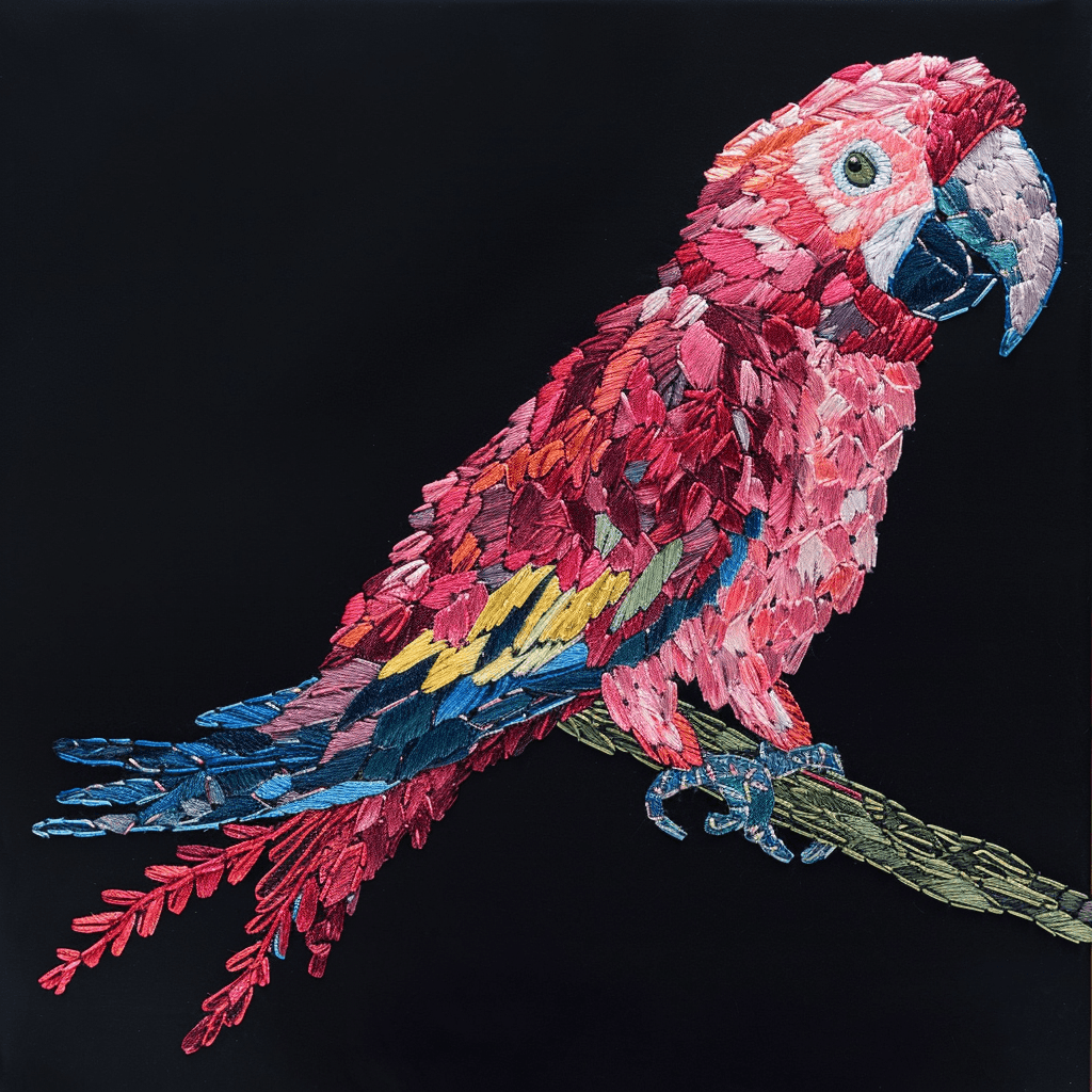 AI generated: "A vibrant and colorful parrot, intricately crafted with delicate embroidery, perched on a branch wi...