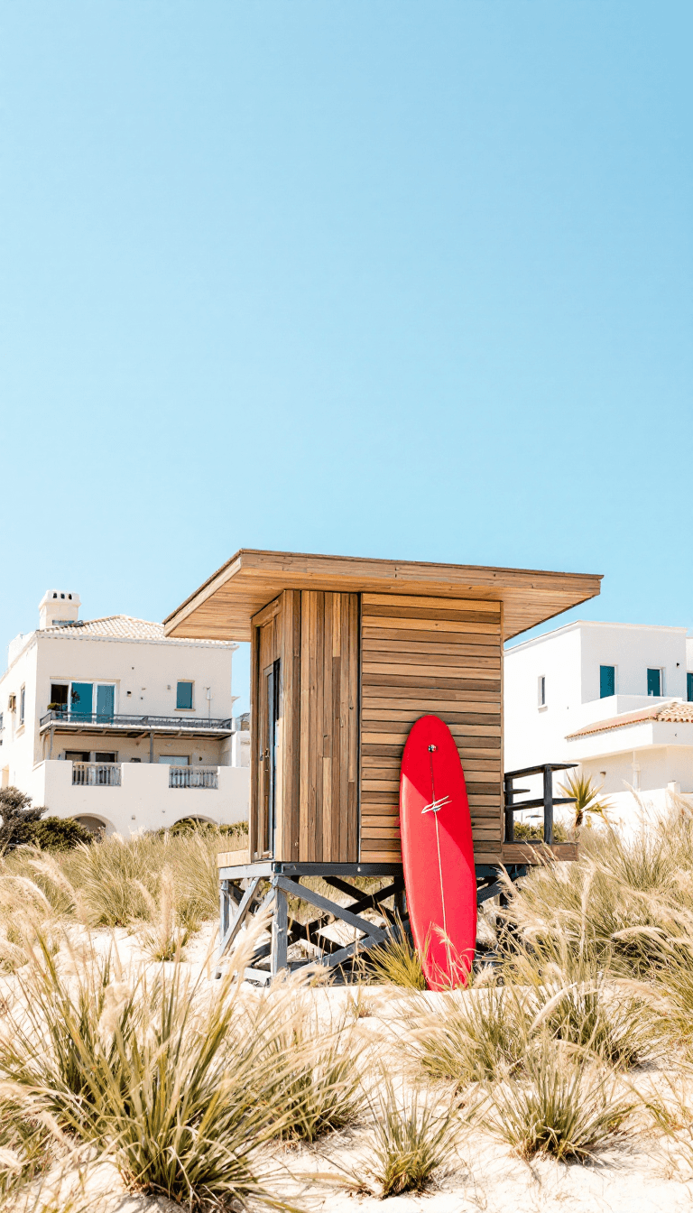 AI generated: A vertical composition of a stylish beachside lifeguard post, constructed with wooden slats in a min...