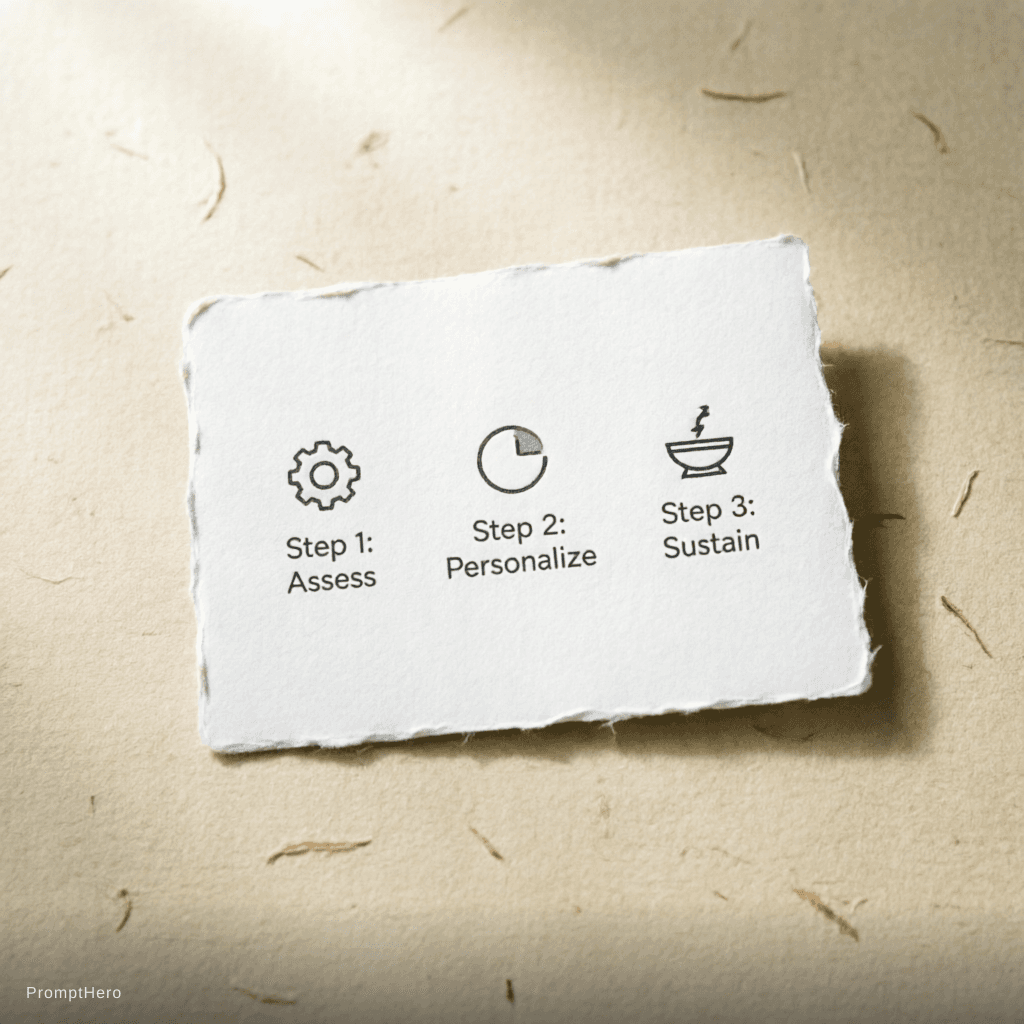 AI generated: minimal editorial still life showing printed protocol pathway card with simple three-step structure ...