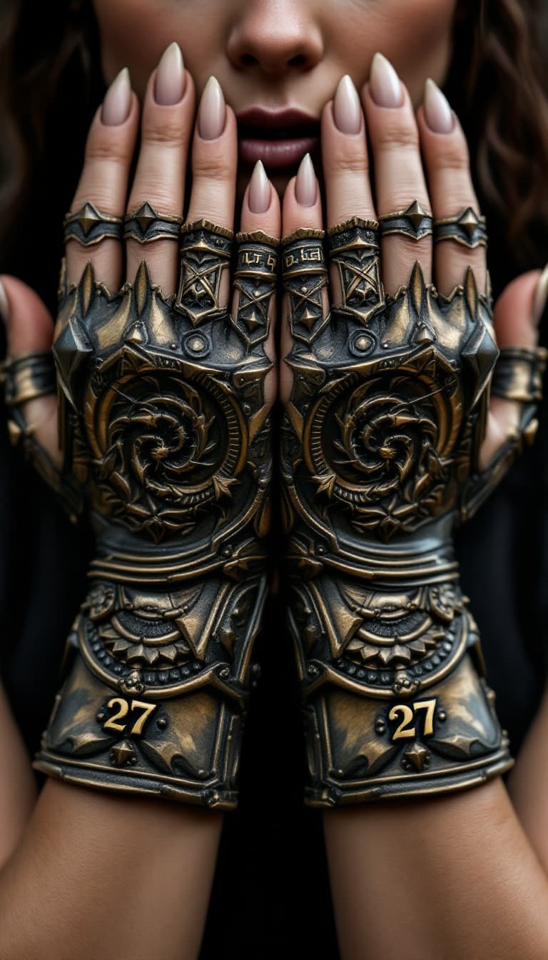 AI generated: 27. A powerful, close-up view of a woman's hands transforming into a pair of intricately sculpted, b...