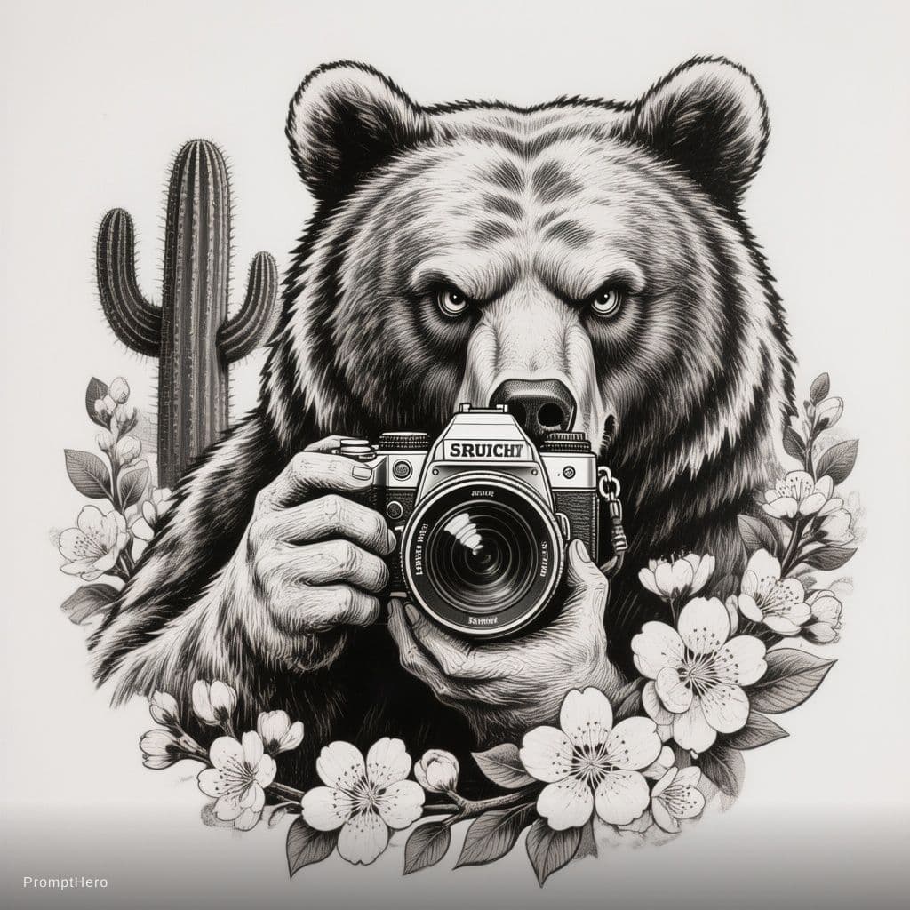 AI generated: Black and white Line drawing logo of straight on view of tough looking grizzly bear taking a picture...