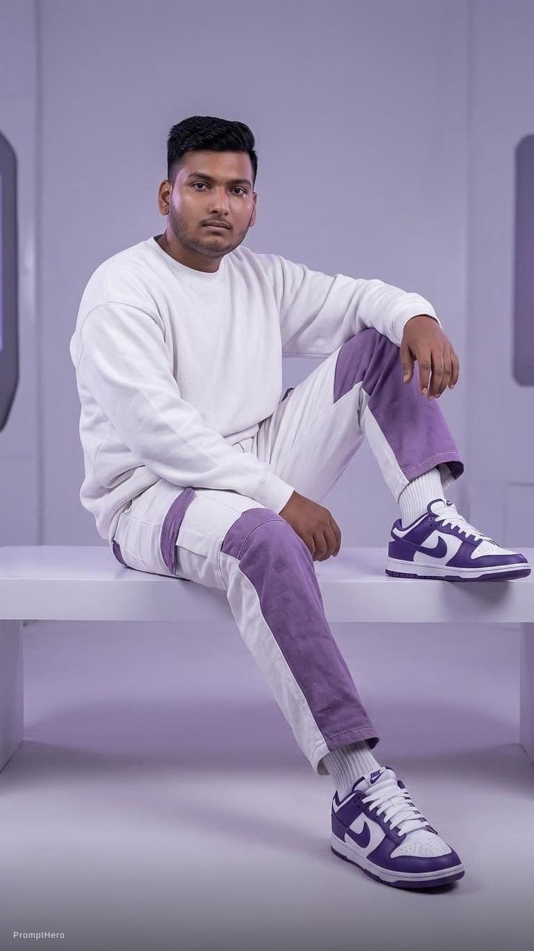 AI generated: Oversized white sweatshirt, white purple oversized combat jean, styled with footwear: white purple n...