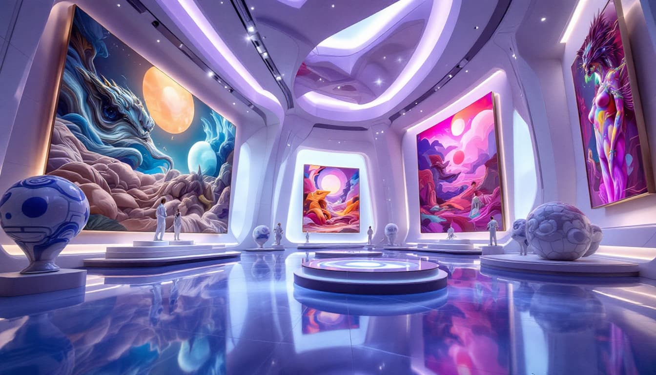 AI generated:   A close-up view inside a virtual futuristic museum, showcasing anime-style art that is strange, we...