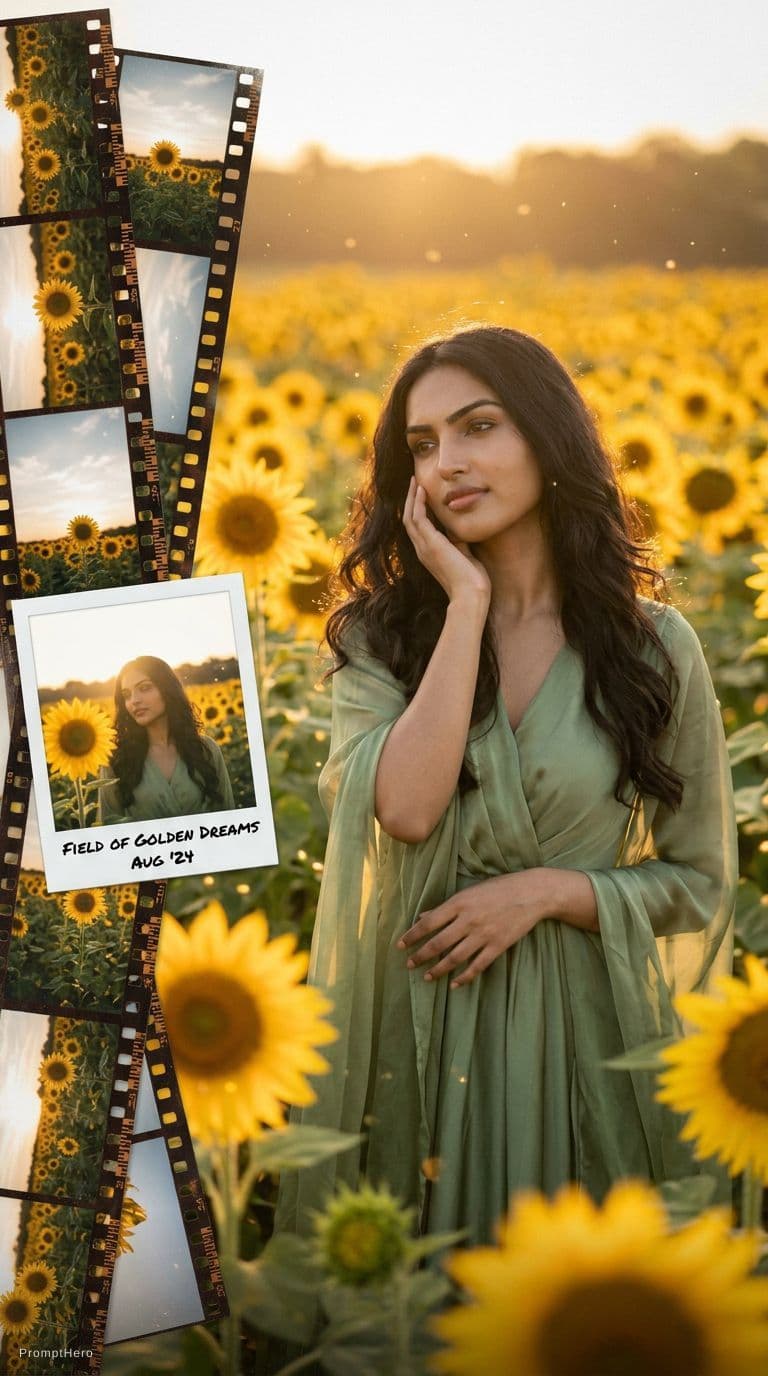 AI generated: Young woman with long dark wavy hair in a sunflower field during golden hour. She wears a sage green...