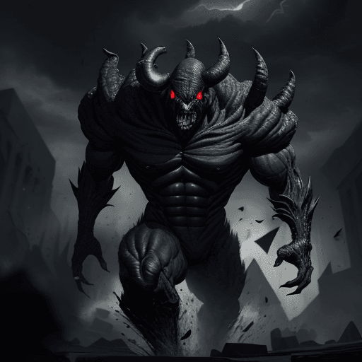 AI generated:  high quality foto of a black dangerous enormous without eyes, long fingers and broken bones, 8k