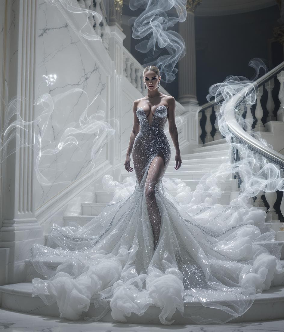 AI generated: Create a hyper-realistic image of an American woman standing confidently at the top of a grand stair...