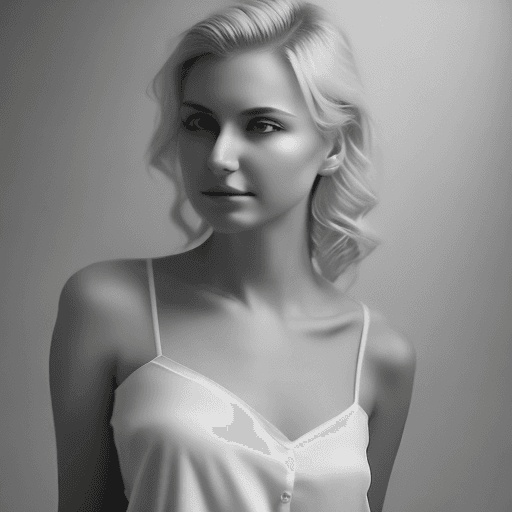 AI generated: A young woman looks at the camera. Her fair skin and elegant blonde hairdo, with strands of hair gen...