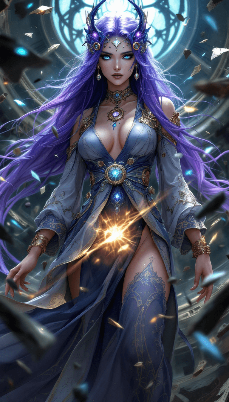 AI generated: The Time-Warping Chronomancer: A powerful and enigmatic sorceress with long, flowing, violet hair th...