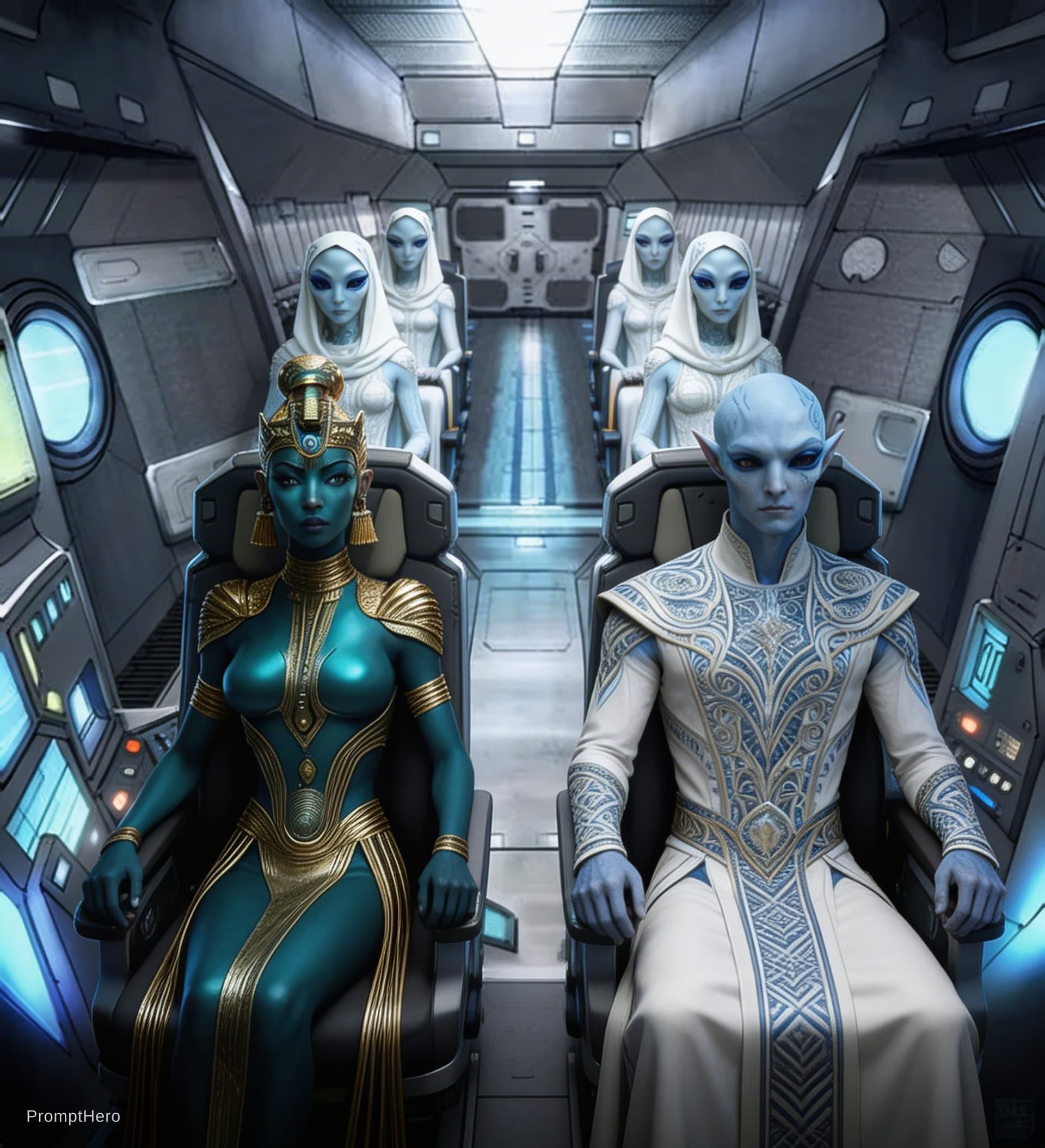 AI generated: Sci-Fi scene. Place the blue alien in the left seat of the cockpit. Place one of the male aliens fro...