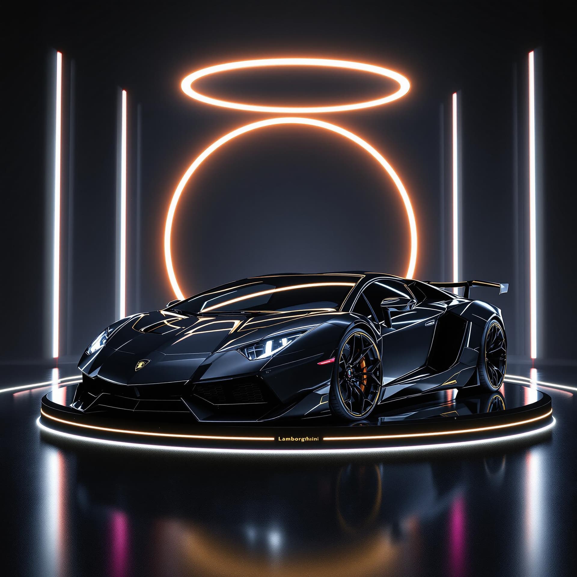 AI generated: BLACK lamborghini sports car with neon highlights with a dark cyberpunk background and glossy HIGH S...